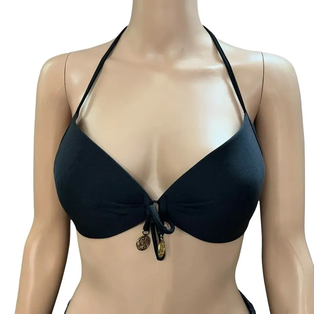 Luli Fama Cosita Buena Push Up Padded Bikini Top Large Black Halter Tie Front